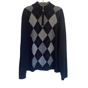 Paolo Mondo 100% Cashmere Argyle Half Zip Sweater Gray Navy Size L